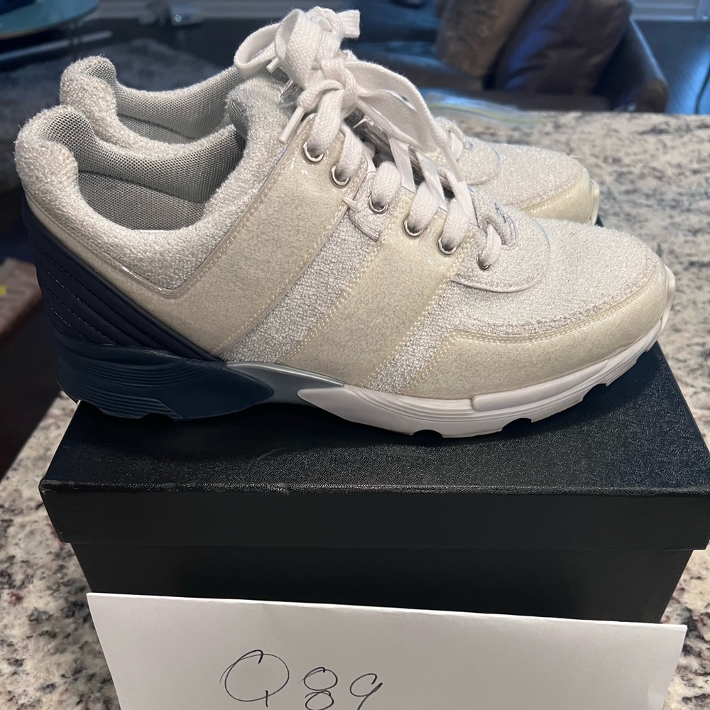 Chanel sneakers white silver navy blue